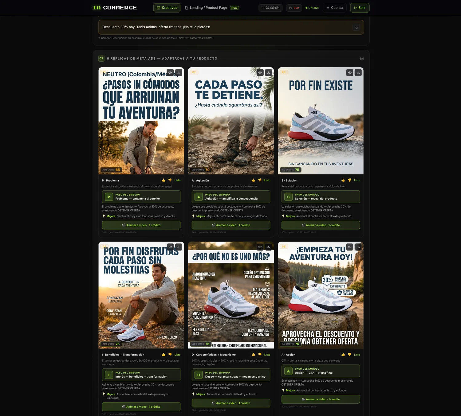 Dashboard de resultados de IA Commerce