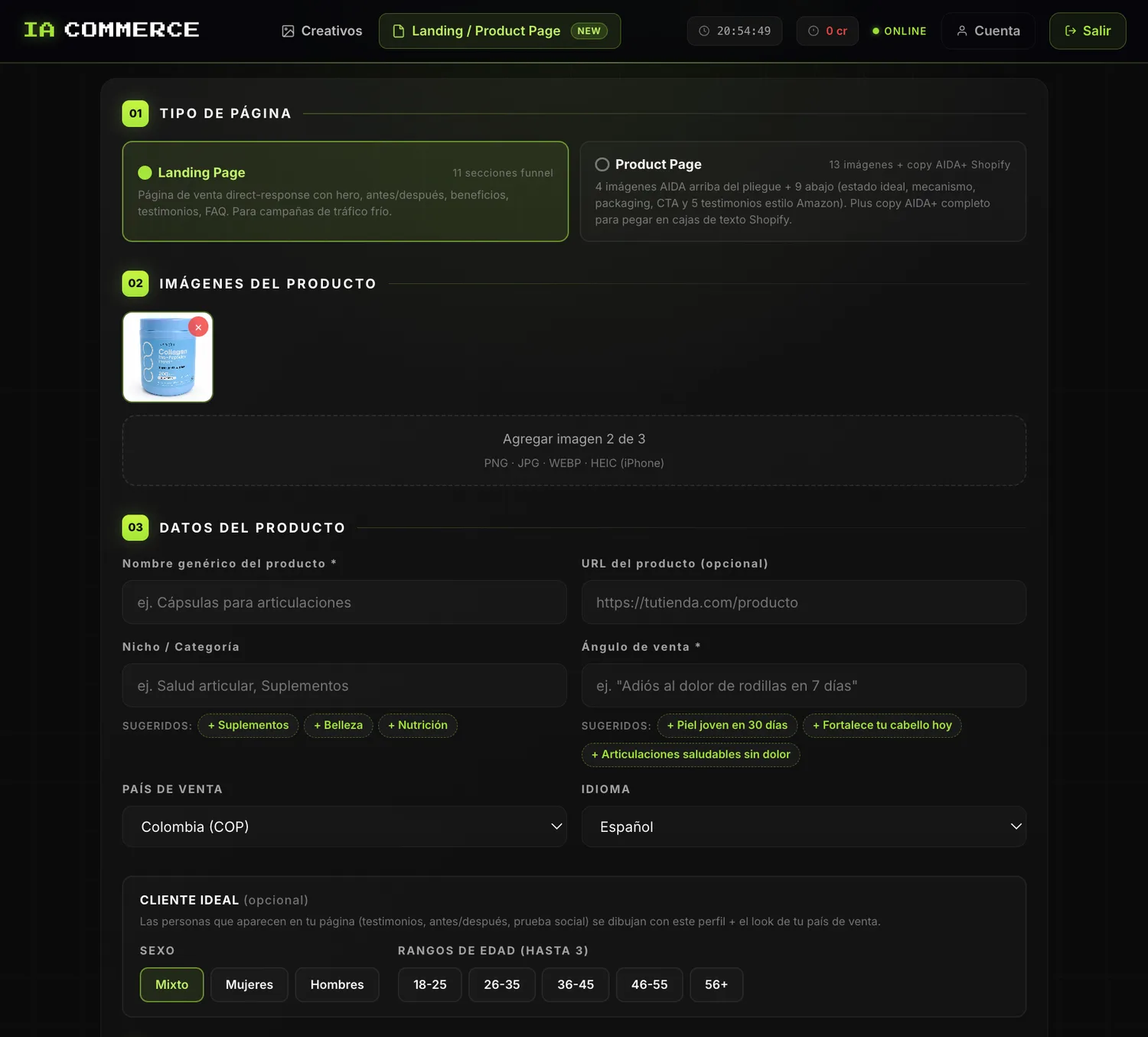 Editor de páginas de IA Commerce